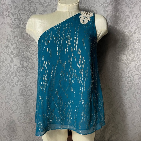 Lilly Pulitzer Silk Teal One-Shoulder Top Blouse - Picture 4 of 15